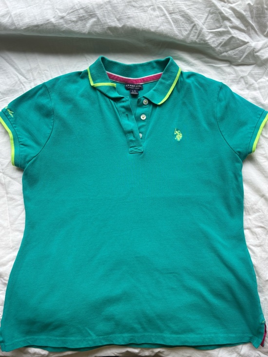 U.S. Polo Assn. Tops - U.S. Polo Assn. Teal Green Neon Trim Short Sleeve Polo Shirt Size L